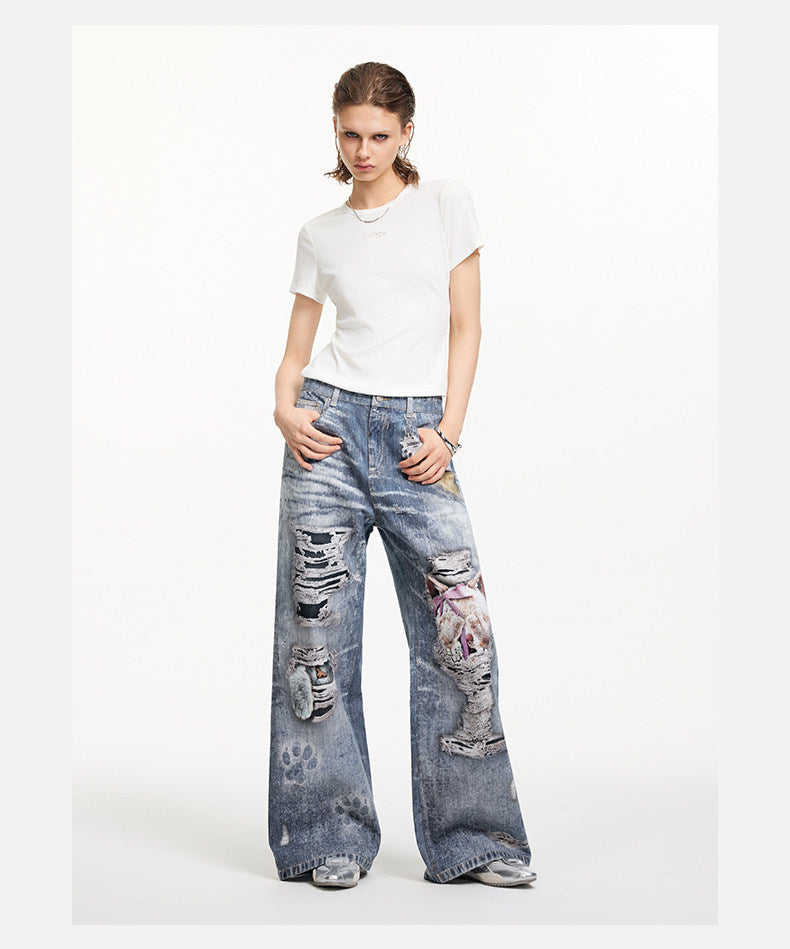 Printed Patchwork Straight-Leg Denim Pants