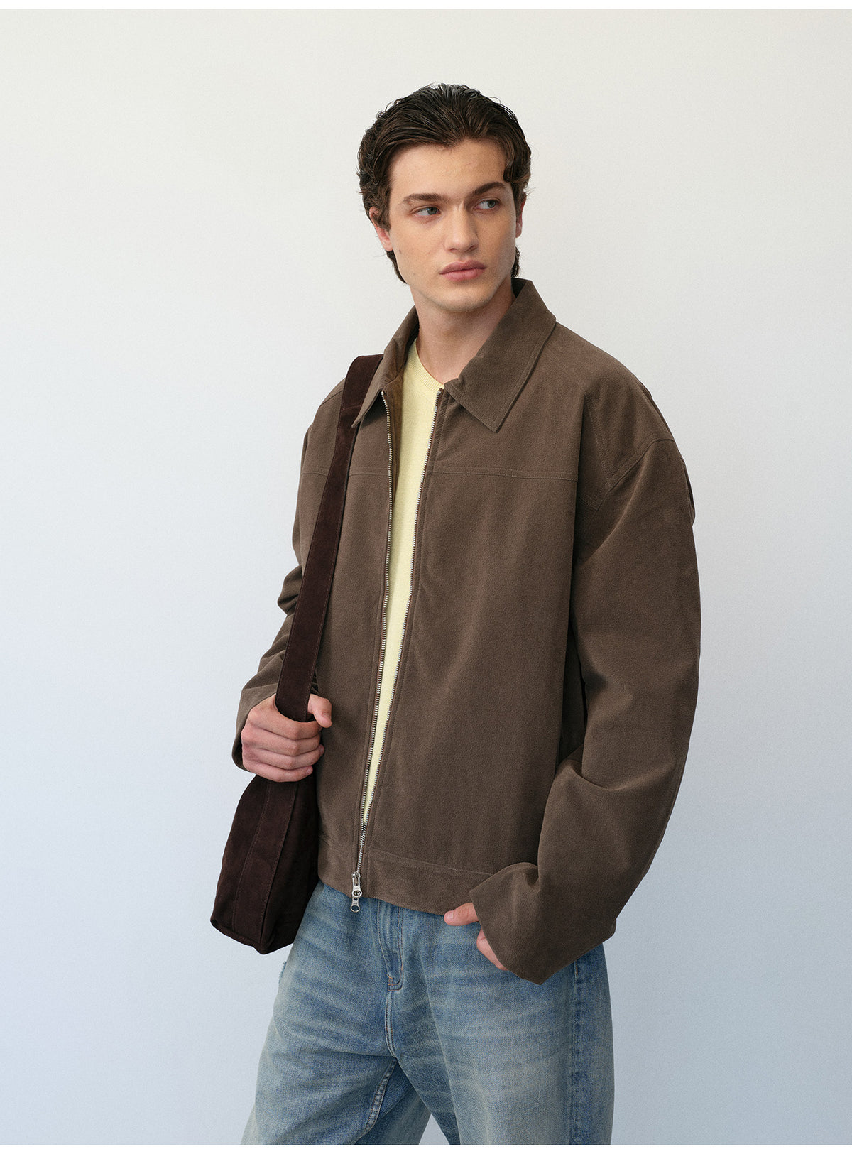 Short Box Jacket with Lapels in Faux Suede