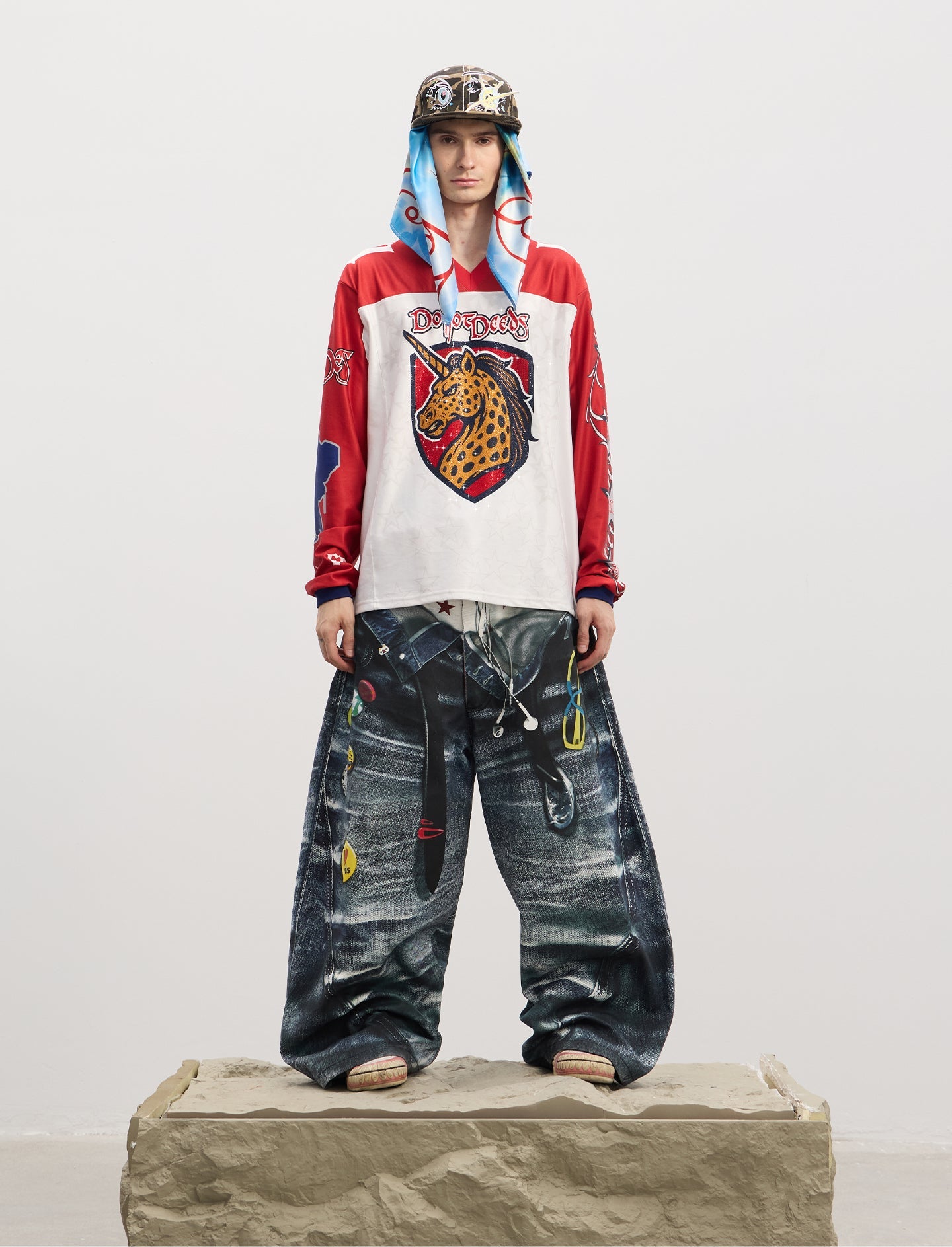 Double-Waistband Printed Jeans