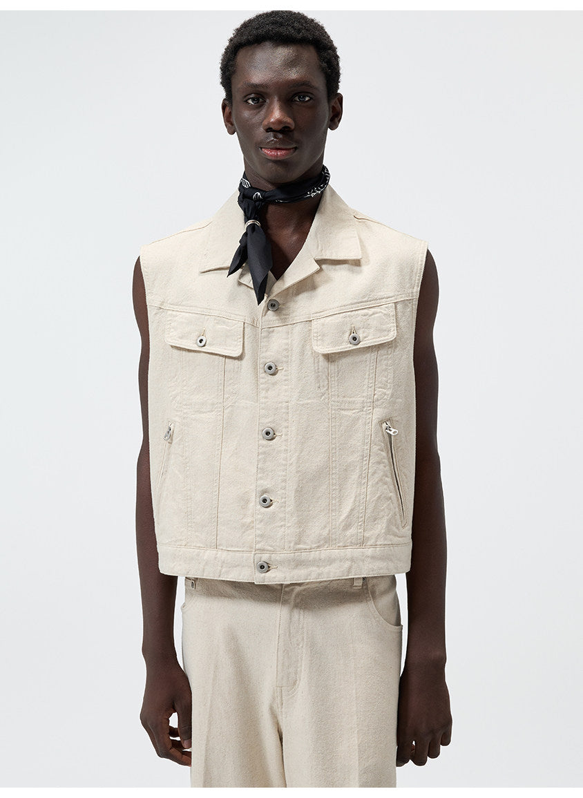Cuban-Collar Short Denim Vest