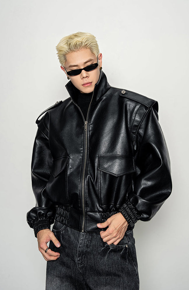 Wide-Shoulder High-Neck Leather Jacket