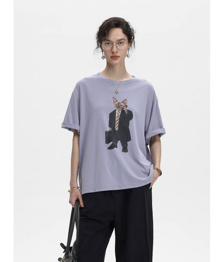 Cat-Print Soft T-Shirt
