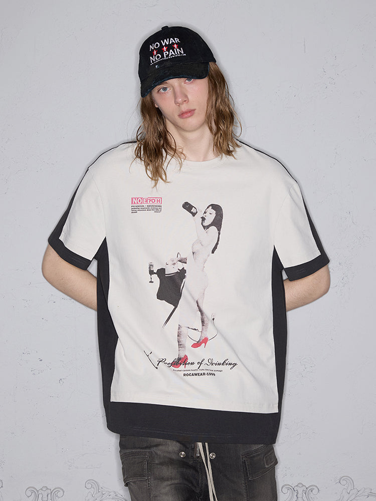 Color block print loose T-shirt