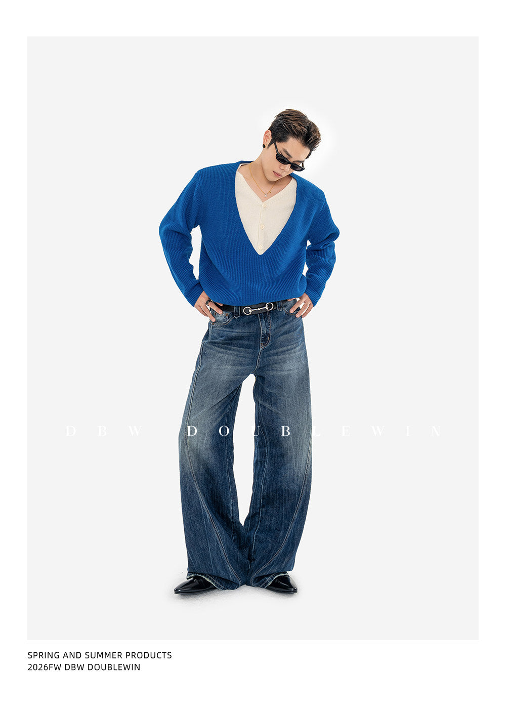 Faux Two-Piece V-Neck Knit Sweater with Shoulder Pads