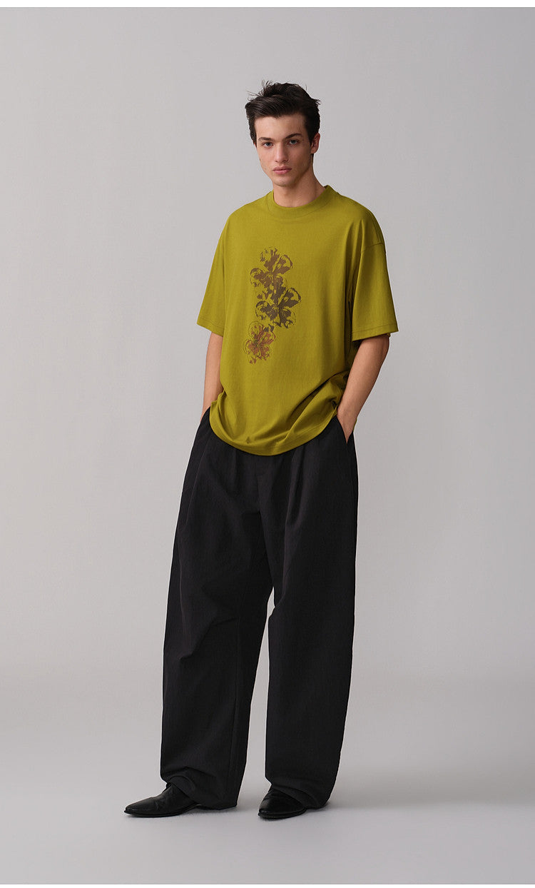 Round-Neck Ribbed Collar Drop-Shoulder T-Shirt