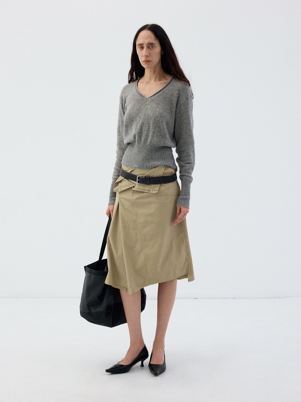 Wool Roll-Sleeve V-Neck Sweater