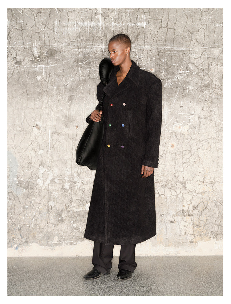 Shoulder pad double-breasted long coat