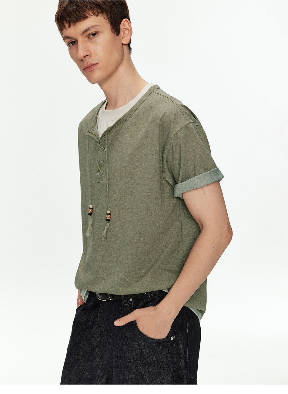 Off-Shoulder Fake Two-Piece T-Shirt with Beads
