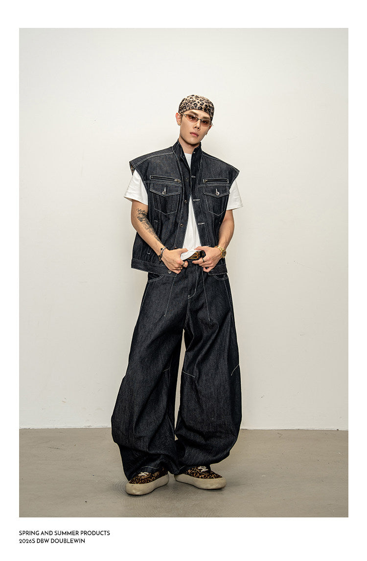 Lined Stand-Up Collar Denim Vest