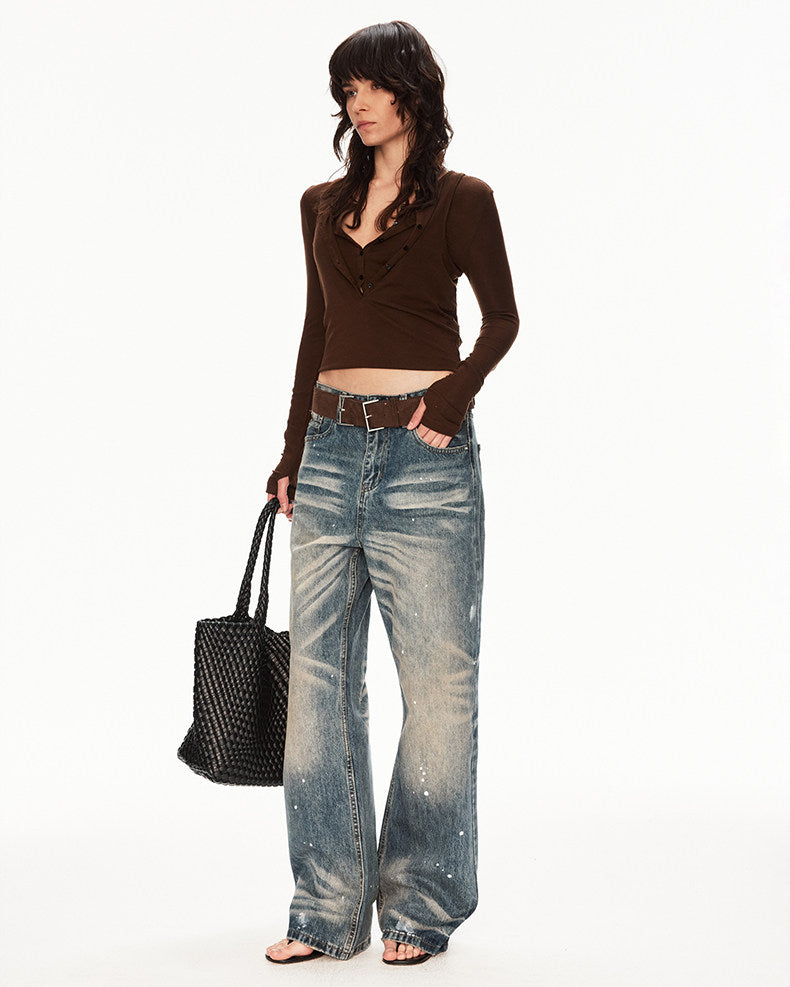 Distressed jeans with a paint-splatter design