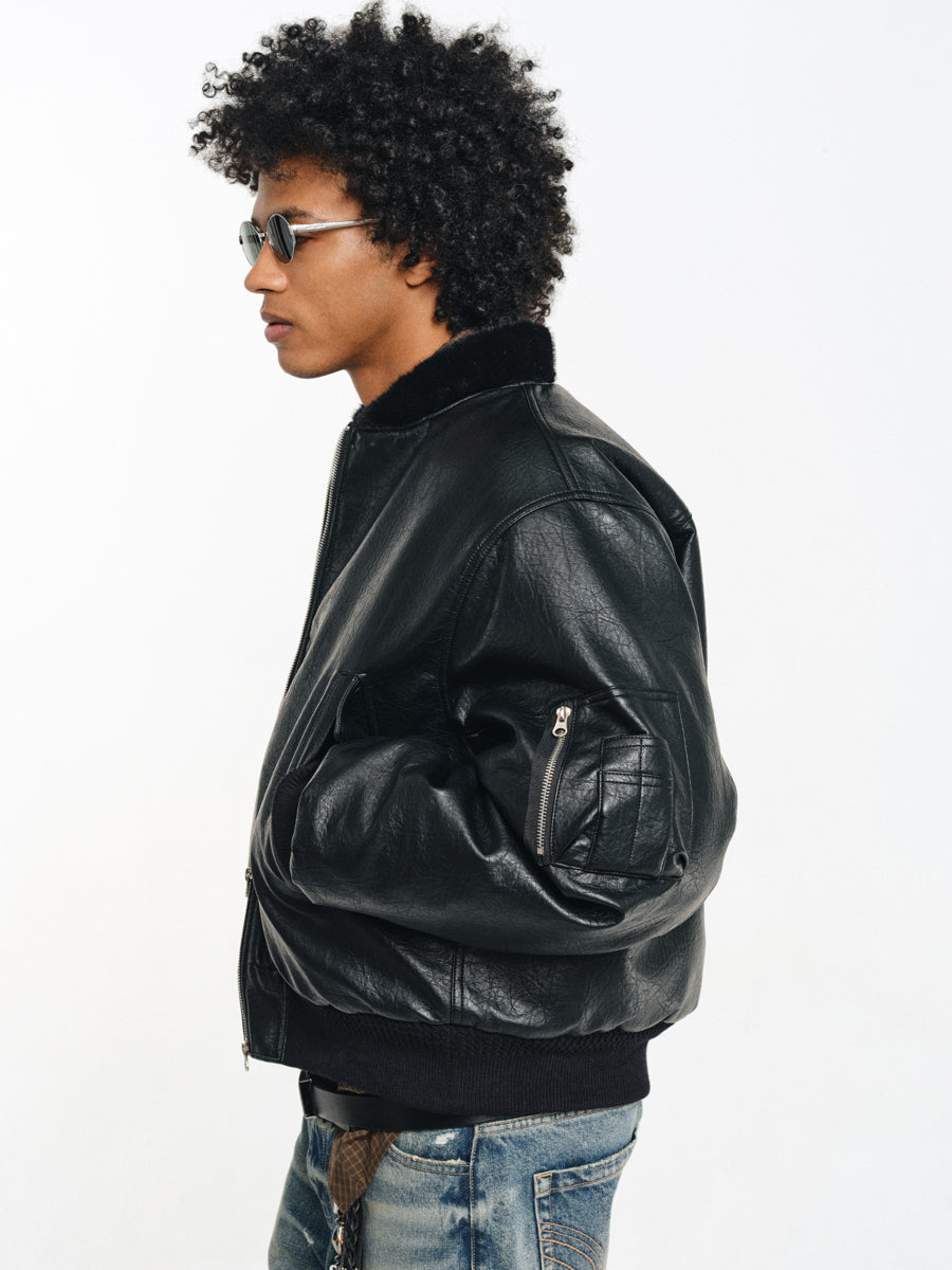 Stand collar faux leather jacket