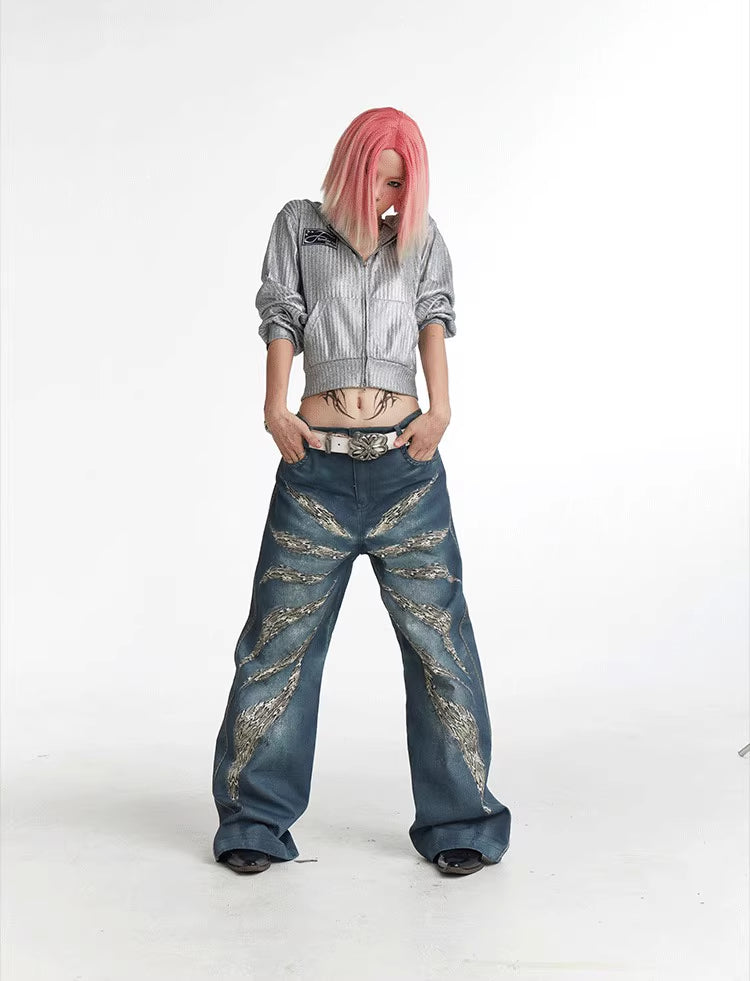 Digital 3D Printed Wide Leg Jeans