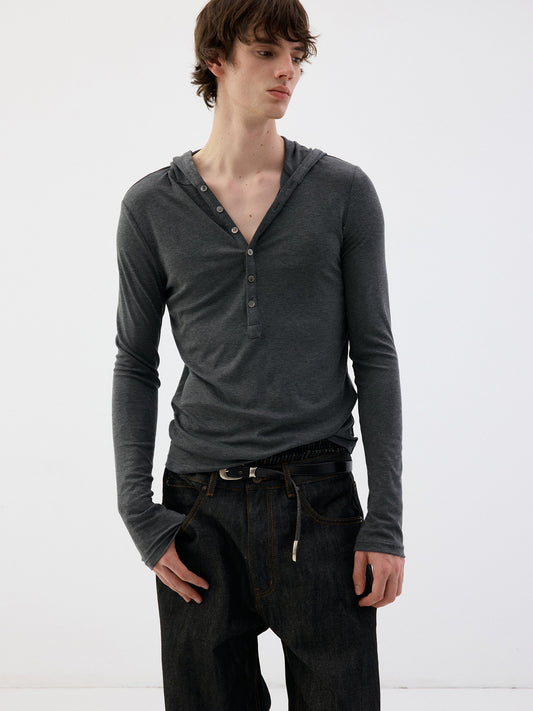 Henry-Collar T-Shirt with Half-Button Hood