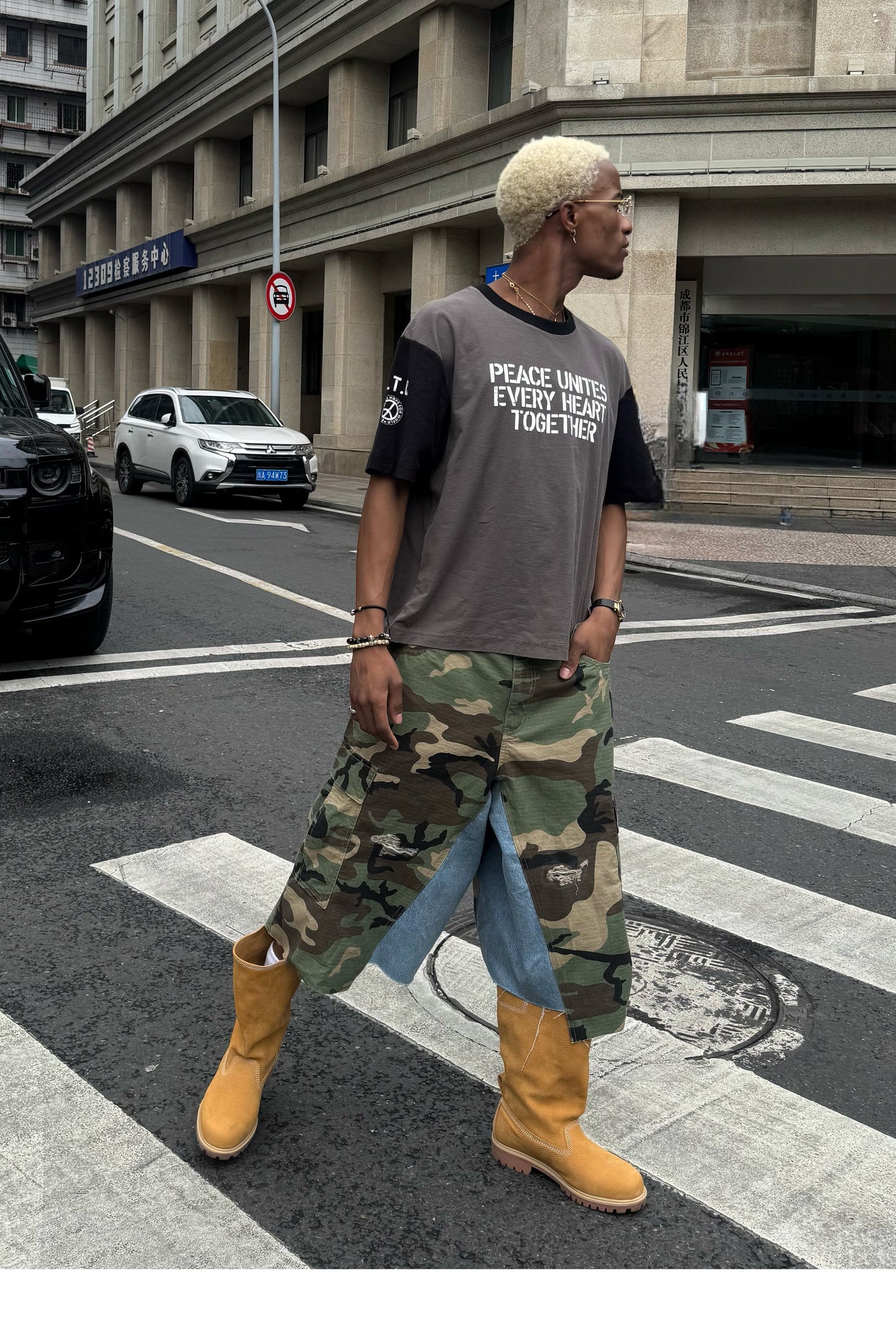 Camouflage-Print Distressed Patchwork Shorts