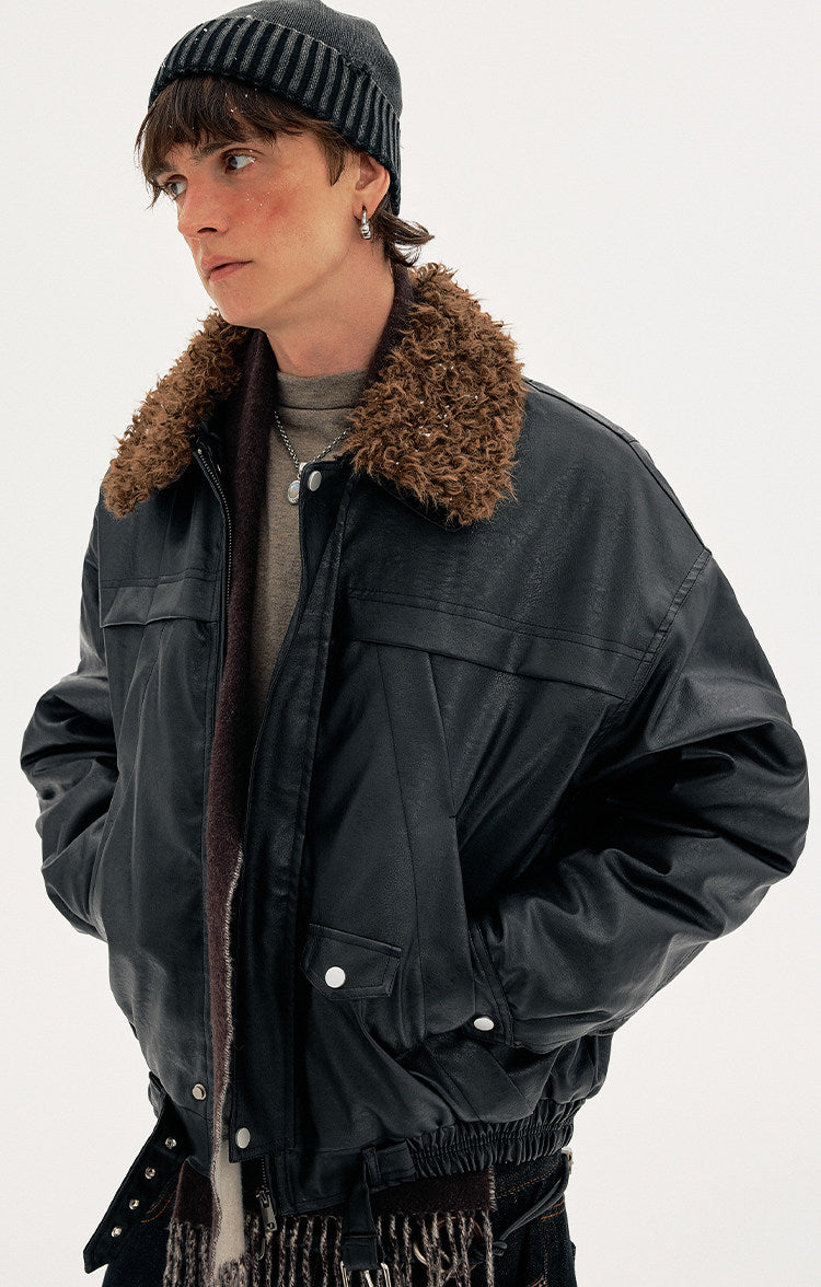 Detachable Fur Collar PU Leather Jacket