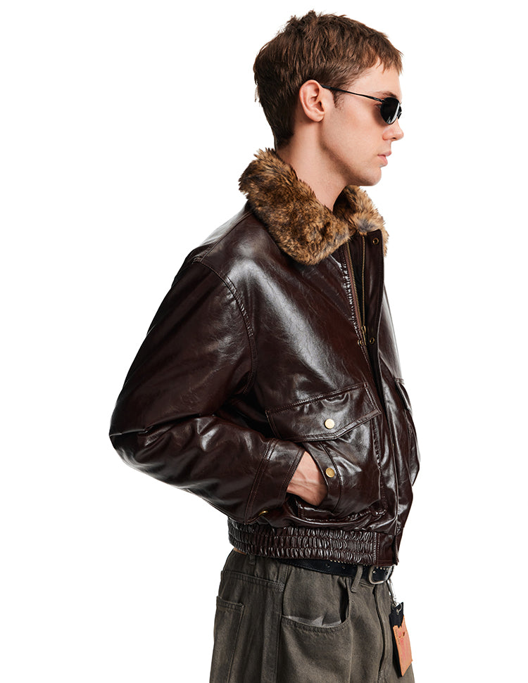 Patchwork Fur Collar Leather Jacket
