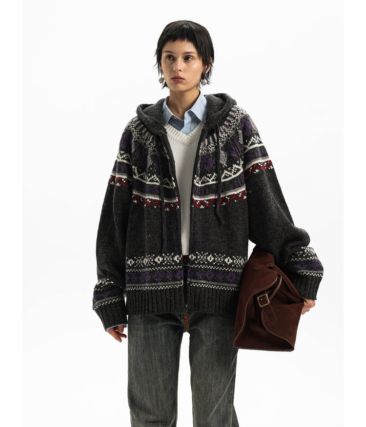 Retro Jacquard Hooded Cardigan