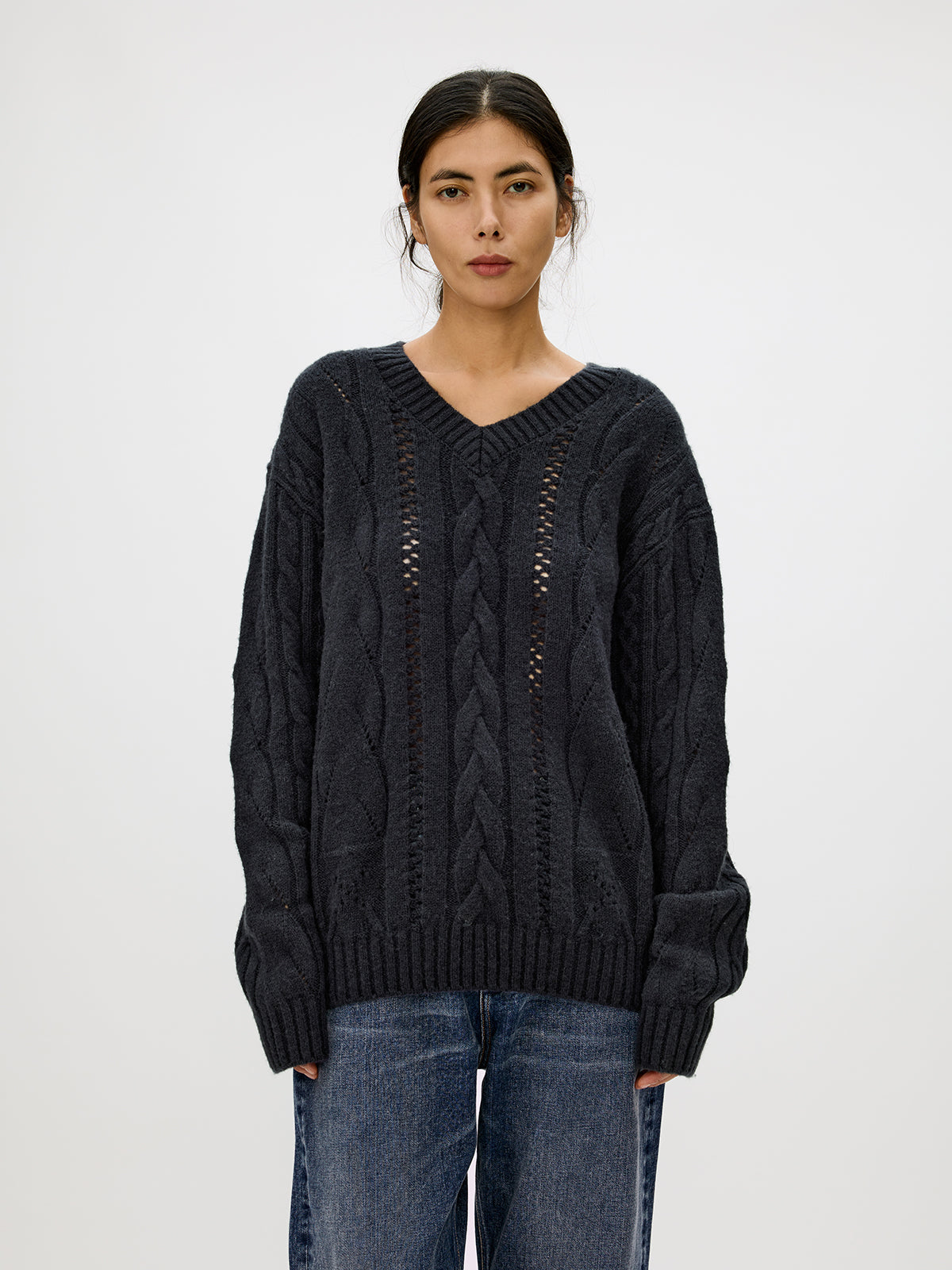 V-neck cable knit sweater