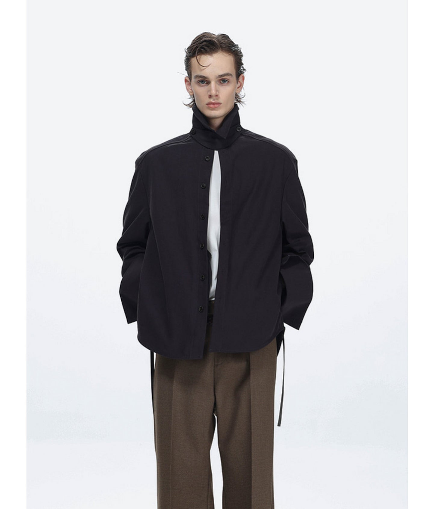 Shirt with Stand-Up Collar and Panel Design