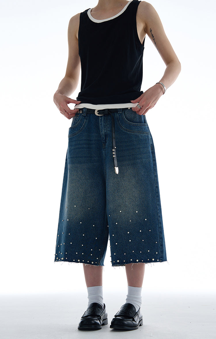 Niche pearl inlay design denim pants