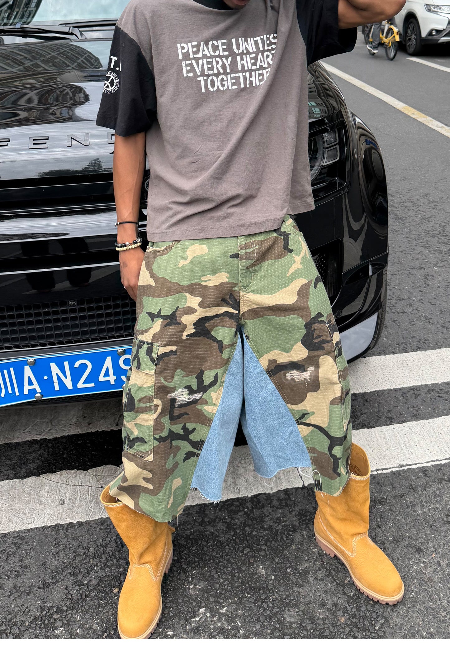 Camouflage-Print Distressed Patchwork Shorts