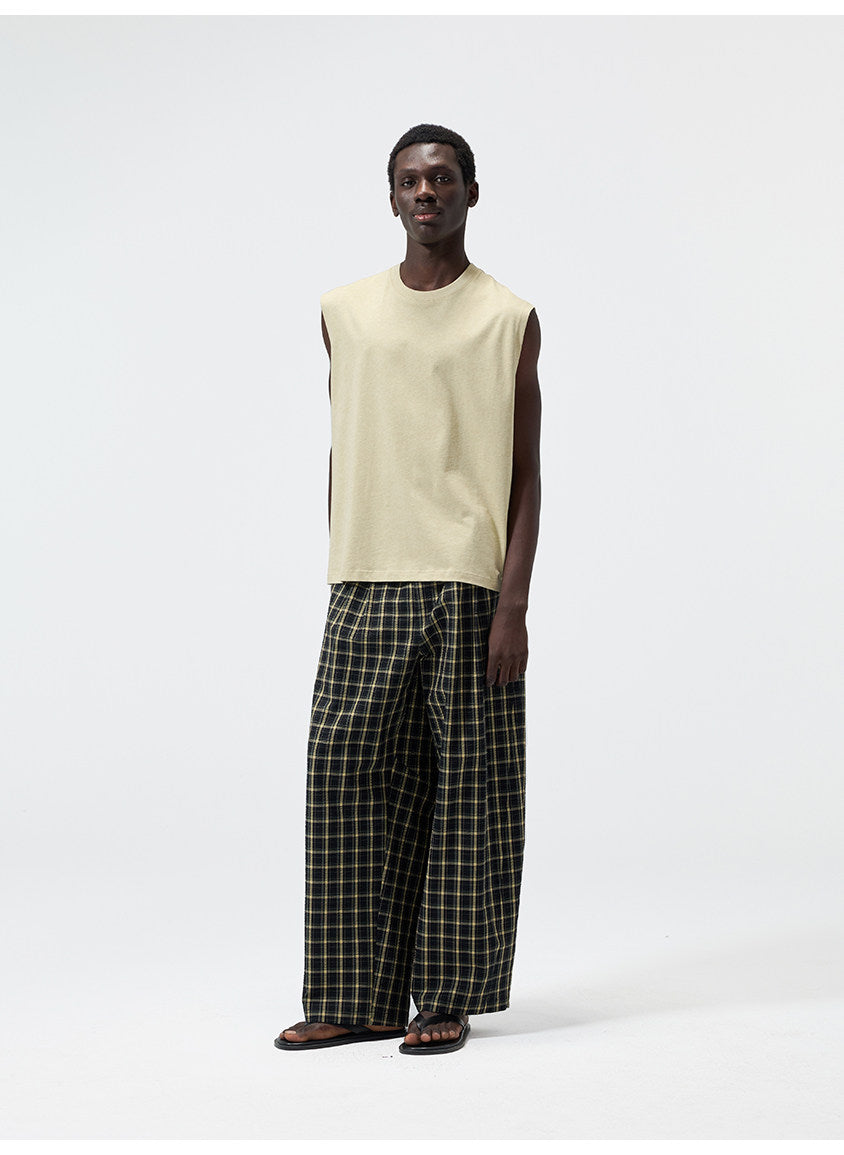 Yarn-Dyed Chiffon Check-Patterned Casual Pants