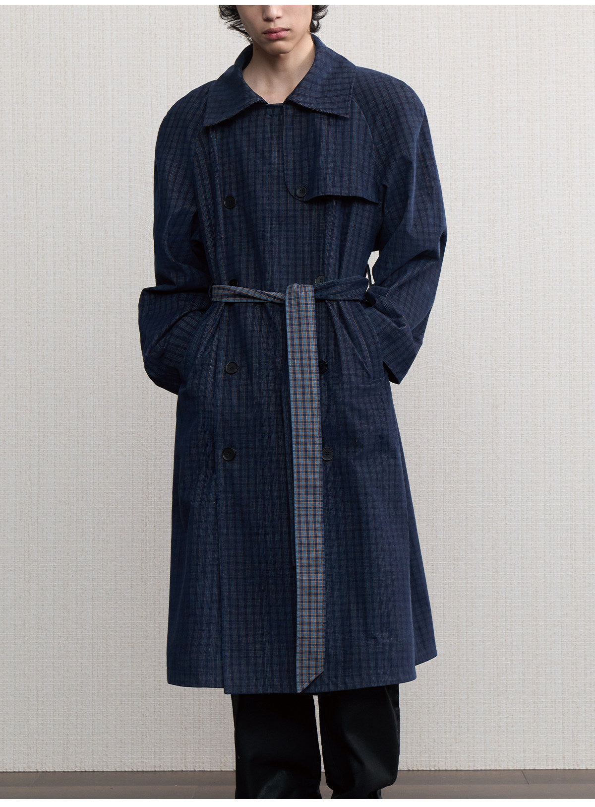 Check-Patterned Raglan-Sleeve Trench Coat