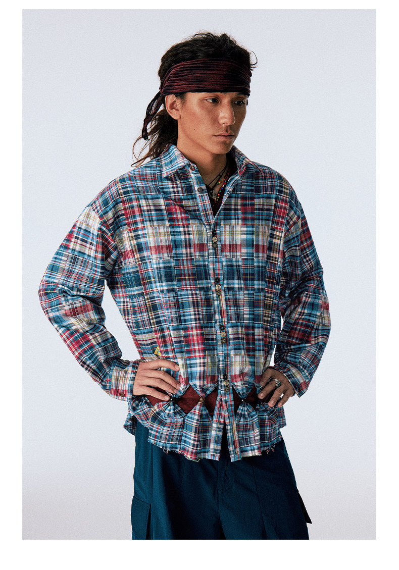 Patchwork Checkered Cut-Out Shirt
