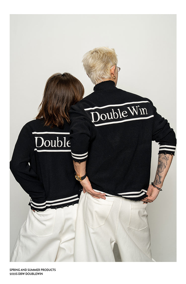 Letter Jacquard Zipper Cardigan