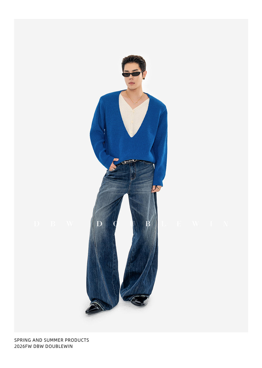 Faux Two-Piece V-Neck Knit Sweater with Shoulder Pads