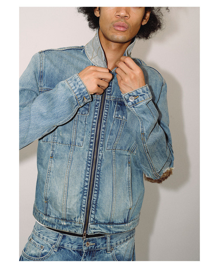 Patchwork Leather Double-Zip Denim Jacket