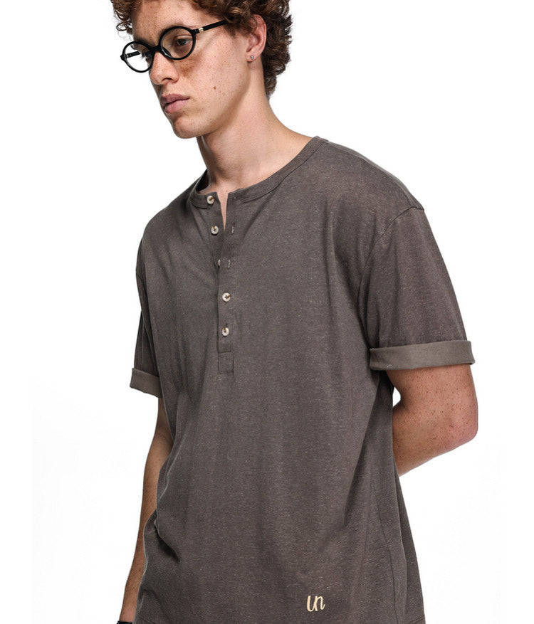 Letter-Embroidered Henley Collar T-Shirt