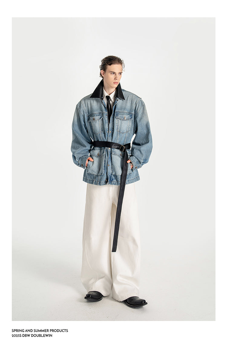 Detachable Leather Collar Denim Jacket