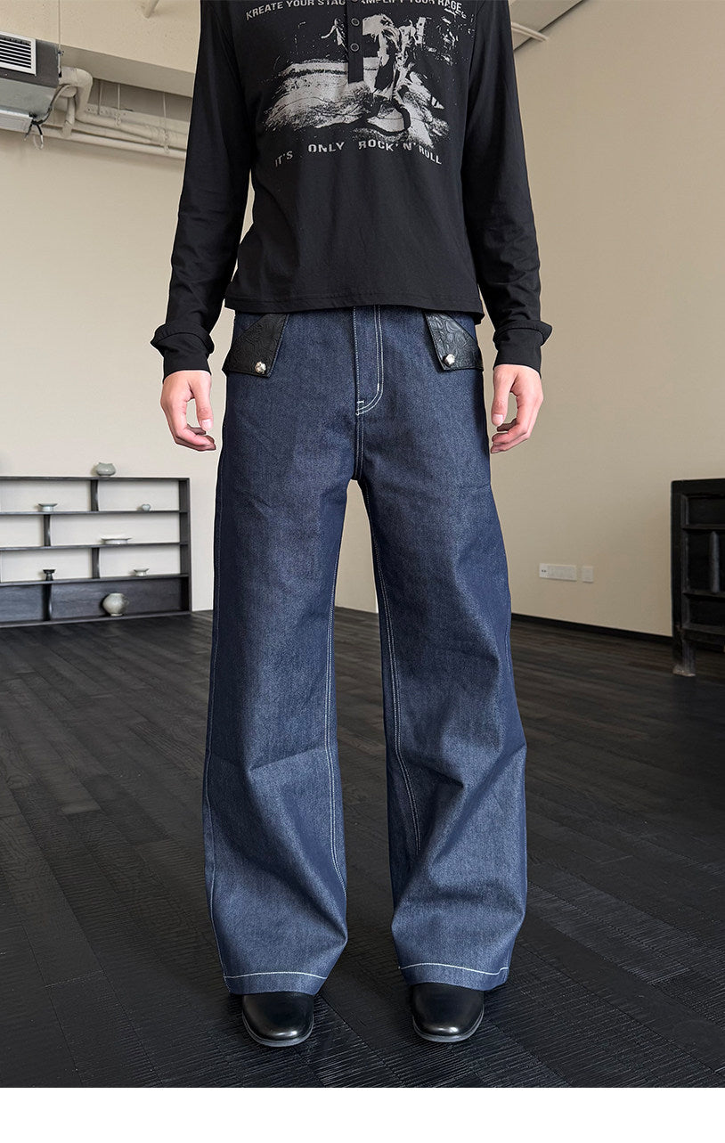 PU Patchwork Raw Denim Pants