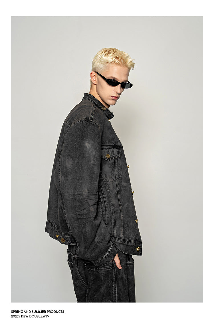 Mud-dyed distressed denim jacket set