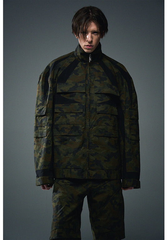 Contrast color camouflage work jacket