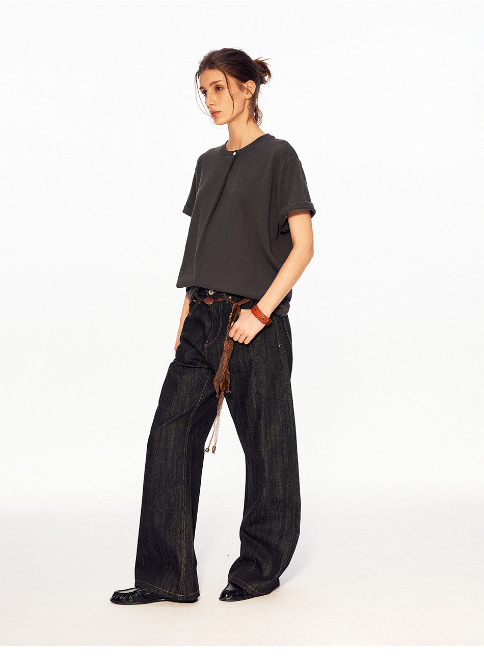 Single-Button Loose-Fit Casual T-Shirt
