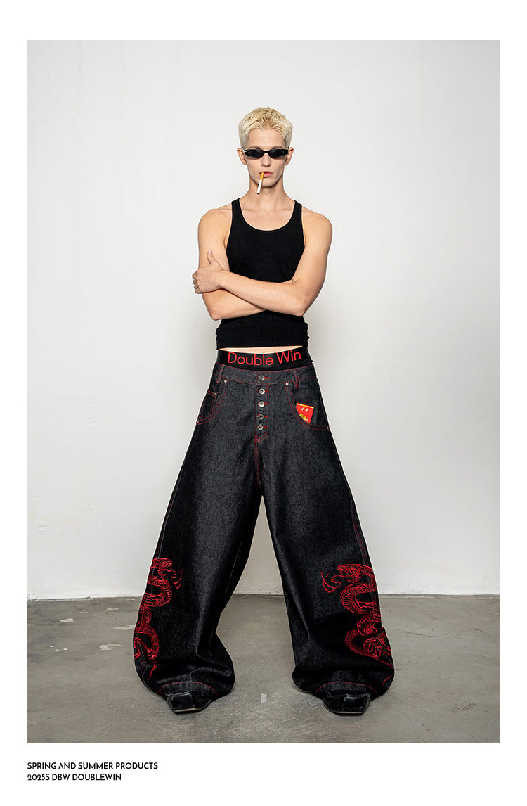 Red Snake Denim Pants
