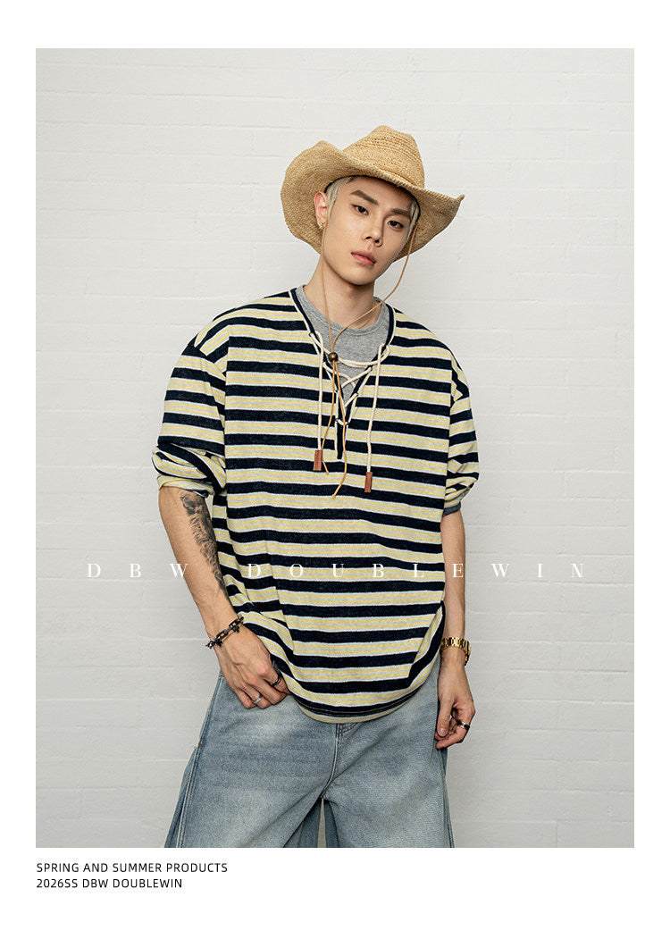Contrast-Striped Faux Two-Piece T-Shirt