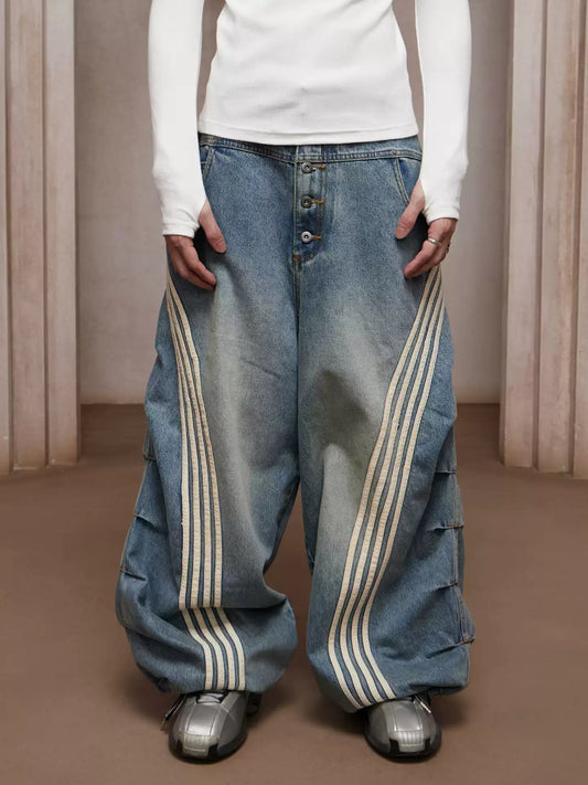 Pleated Stripe Wide-Leg Jeans