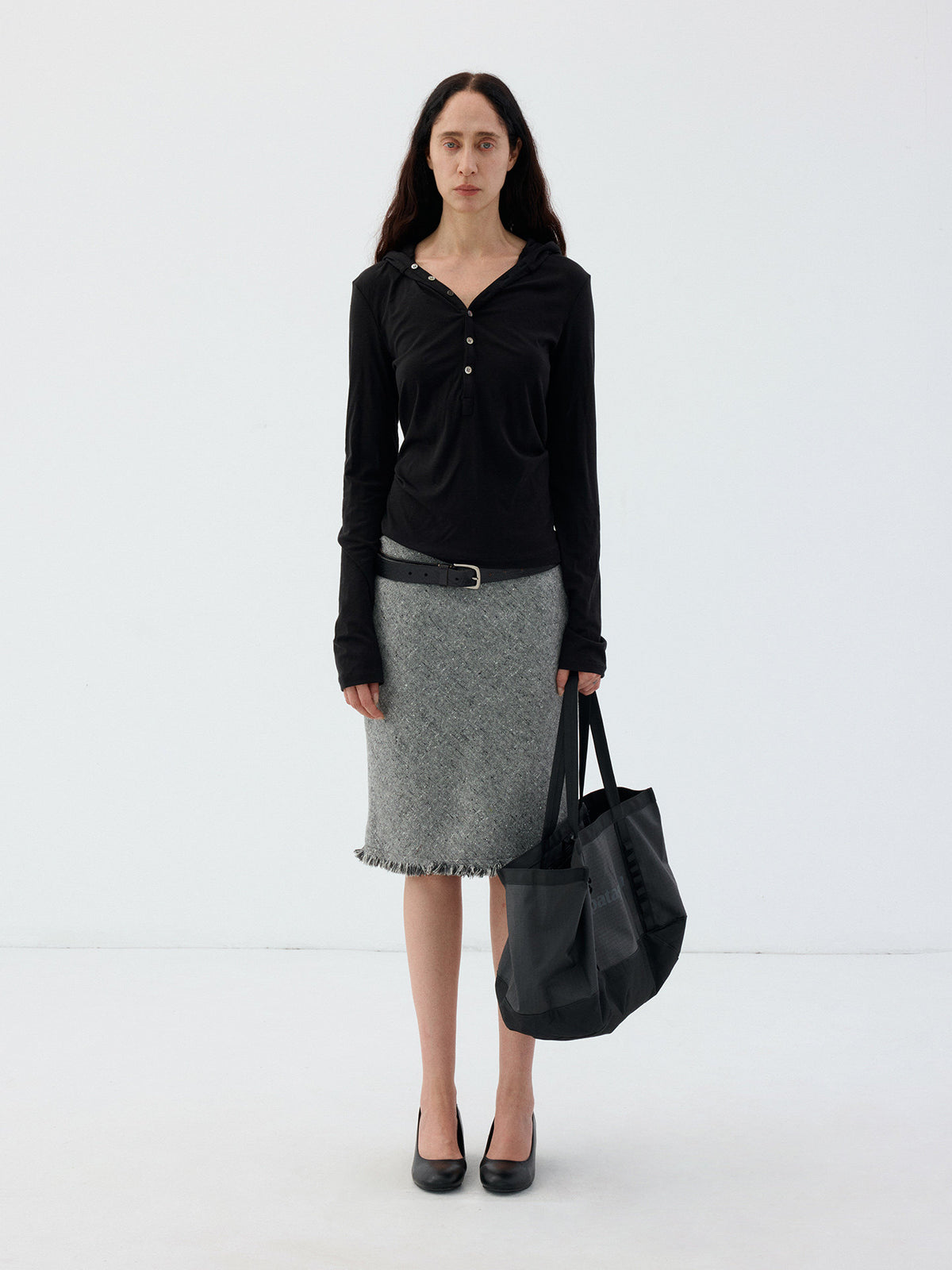 Henry-Collar T-Shirt with Half-Button Hood
