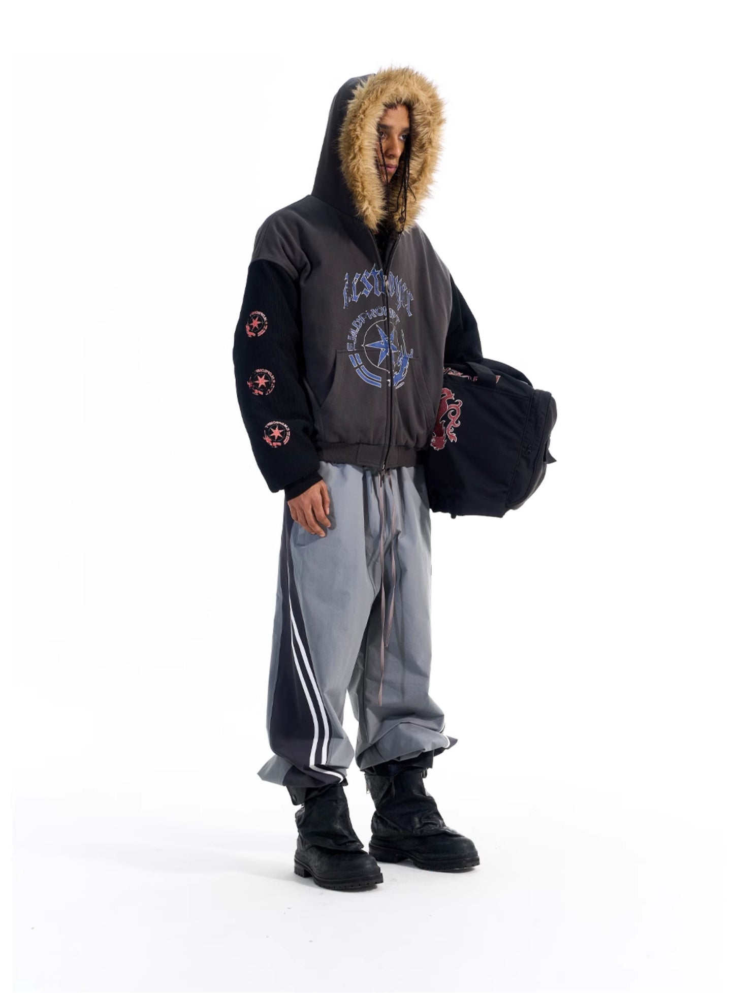 Color Block Fur Collar Sweatshirt