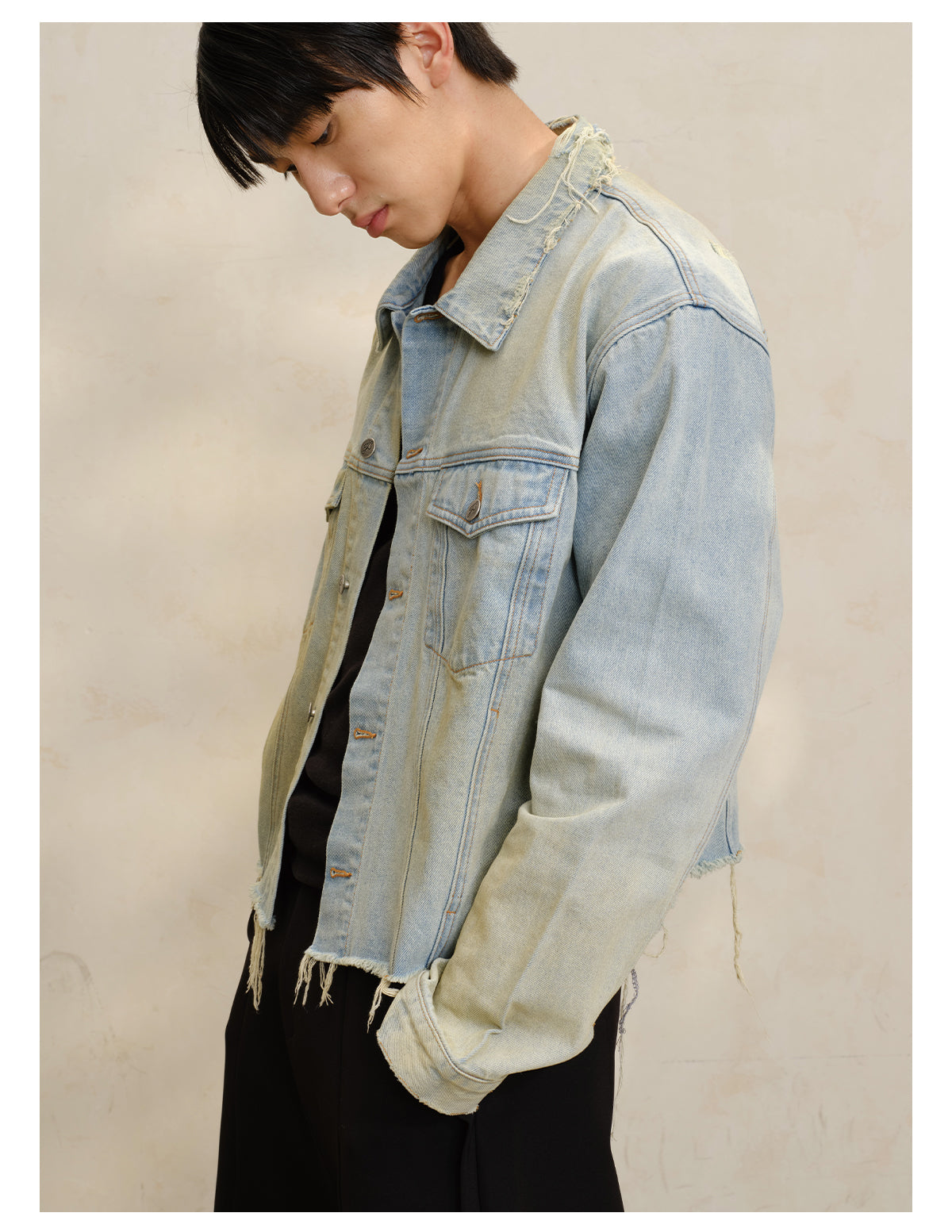 Mud-dyed short denim jacket