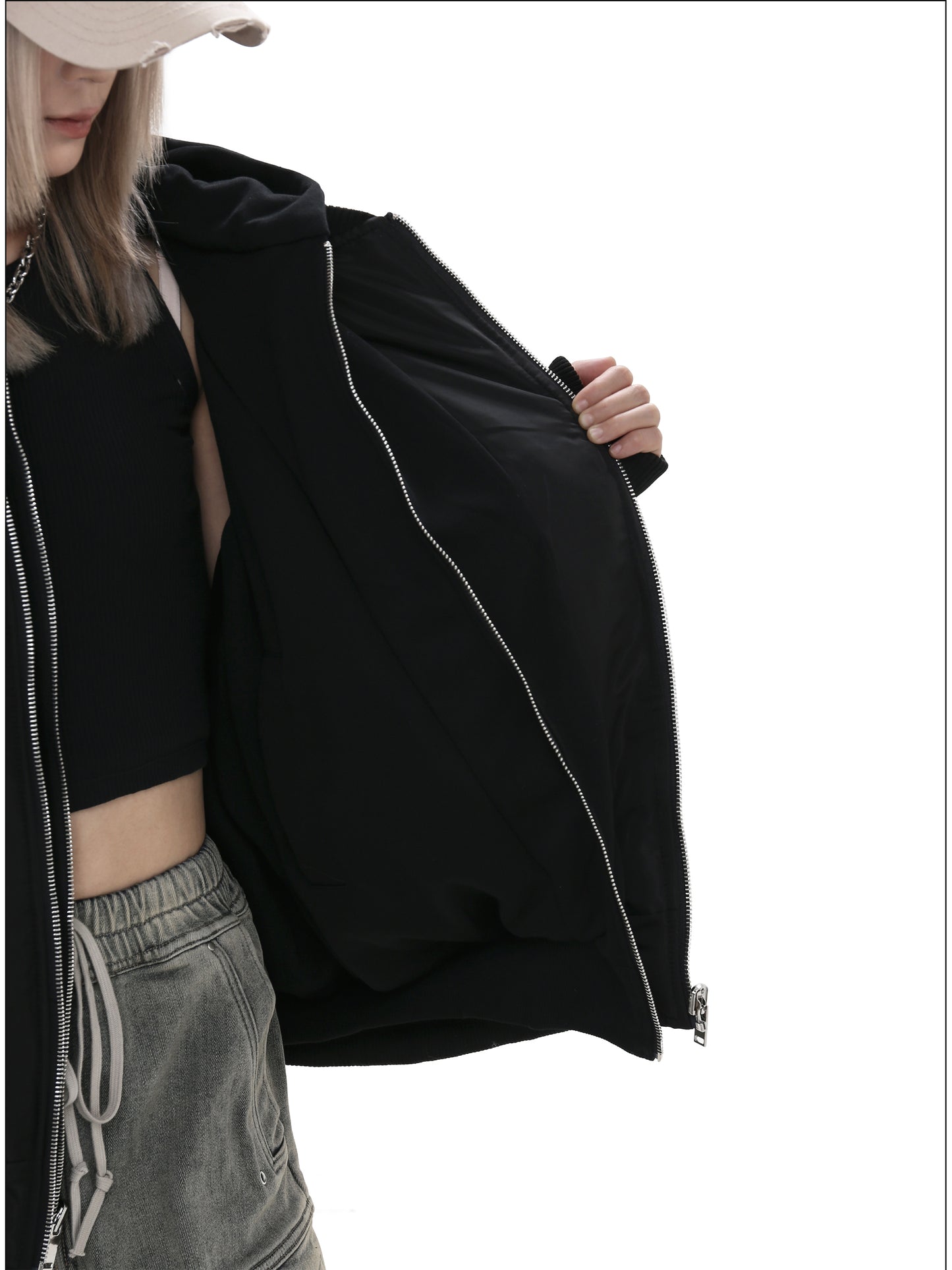 Faux two-piece short hooded jacket