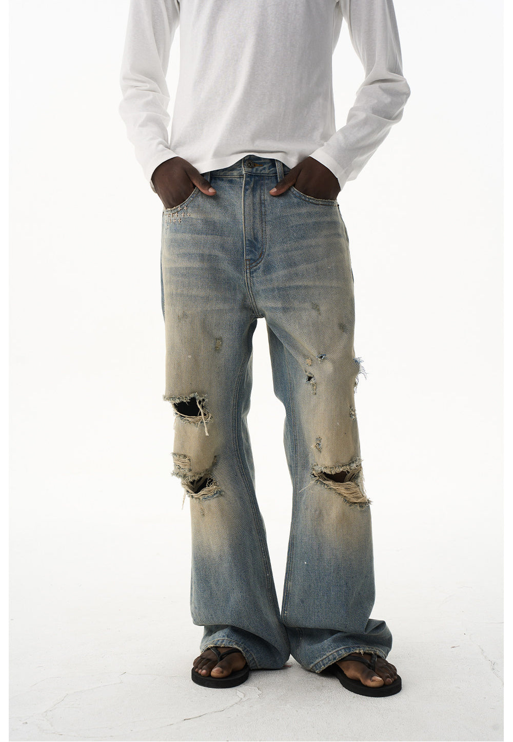 Ripped-hole Relaxed Micro-Flared Jeans