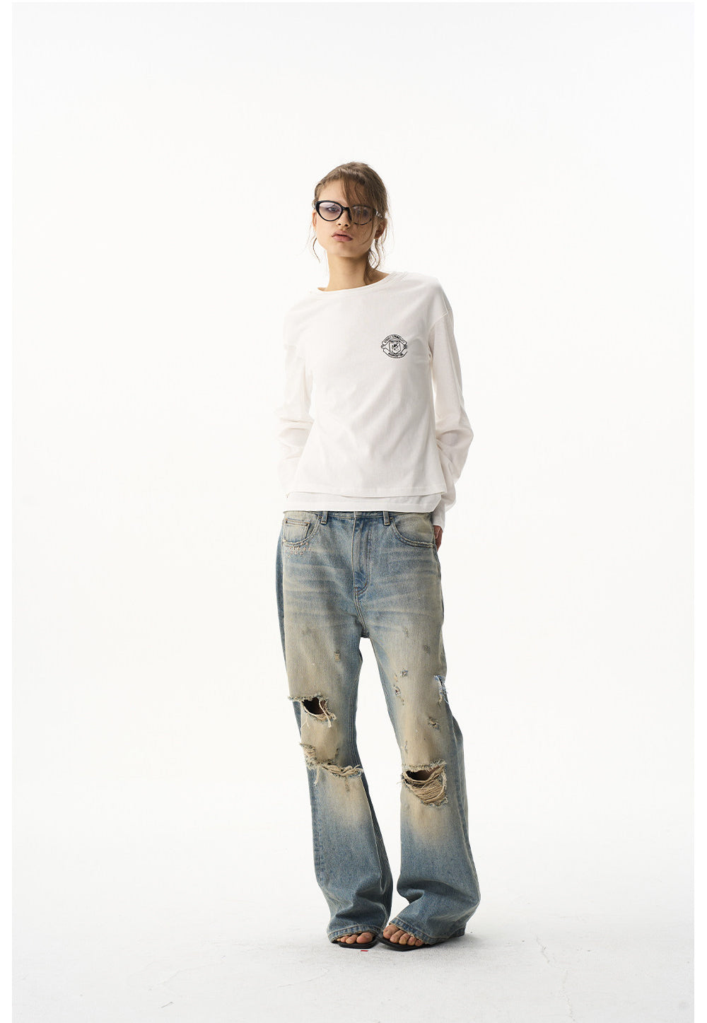 Ripped-hole Relaxed Micro-Flared Jeans