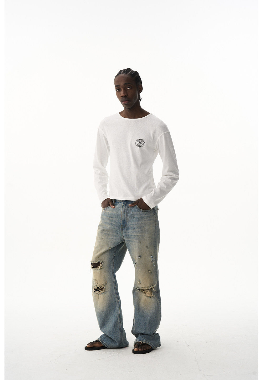 Ripped-hole Relaxed Micro-Flared Jeans