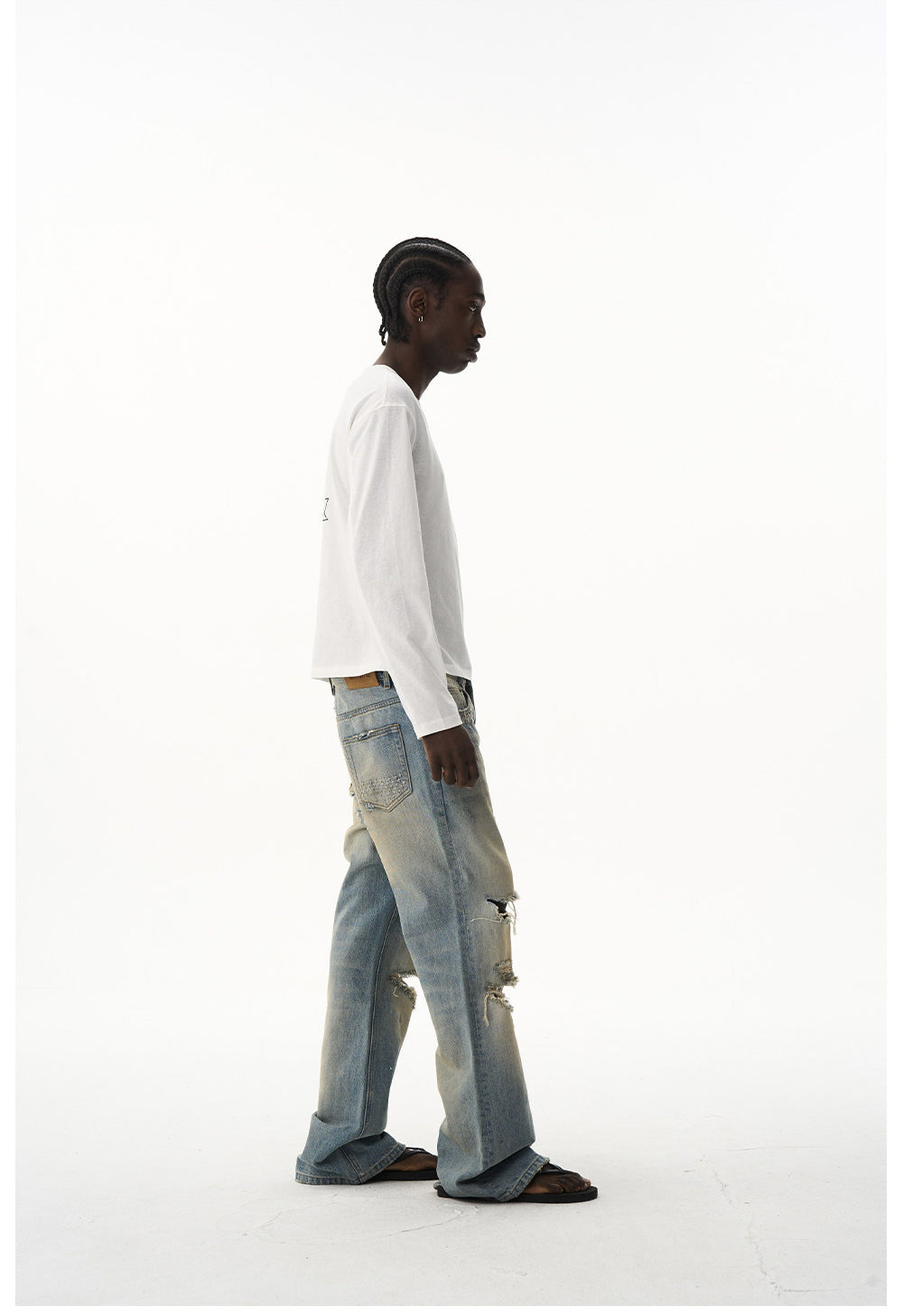 Ripped-hole Relaxed Micro-Flared Jeans