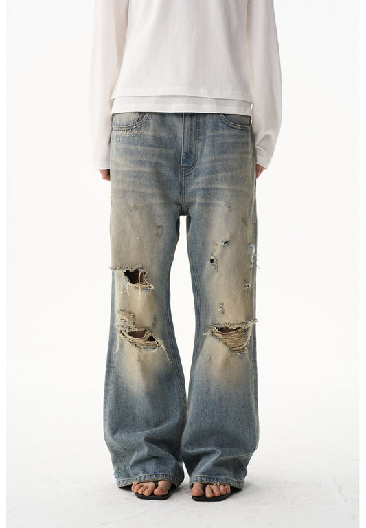 Ripped-hole Relaxed Micro-Flared Jeans