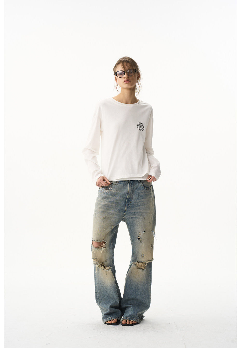 Ripped-hole Relaxed Micro-Flared Jeans